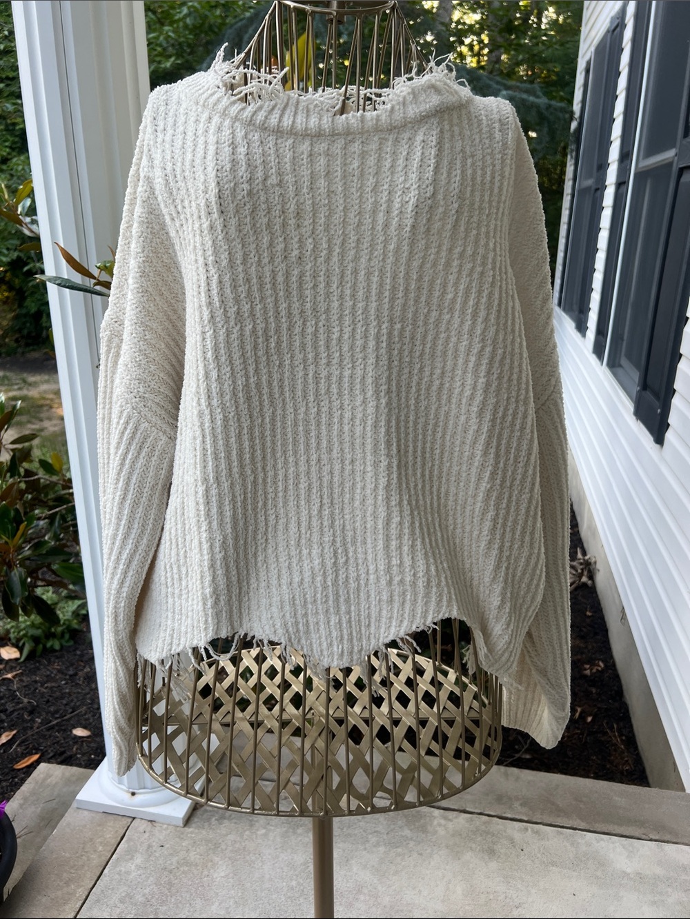 Dress Forum Cream Distressed Off-Shoulder Knit Sweater